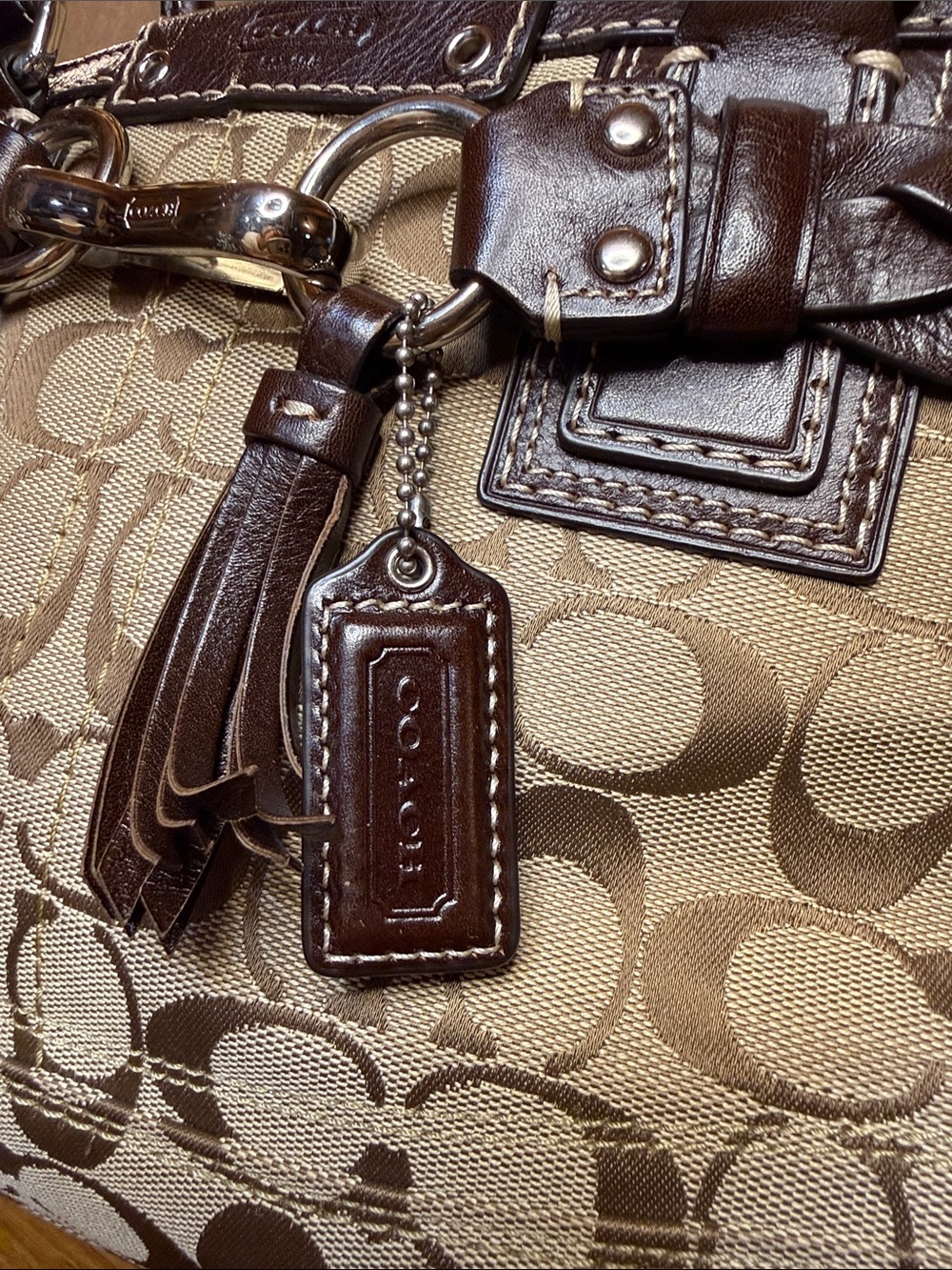 Coach F15665 Signature Gallery Tote Khaki Brown Braided Leather EUC - Picture 4 of 17